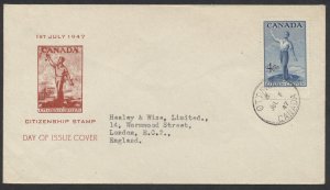 1947 #275 Citizenship FDC Unusual Red Stamp Cachet Ottawa CDS