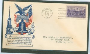 US 835 1938 3c US Constitution Radification (single) on an addressed (typed) FDC with a Clifford cachet