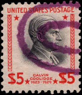 US #834 $5.00 CALVIN COOLIDGE USED - BLACK SHIFTED TO RIGHT