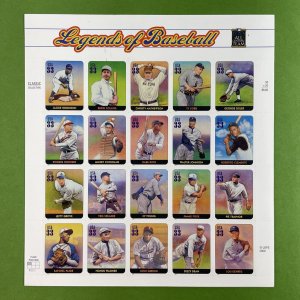 Scott 3408 LEGENDS OF BASEBALL Pane of 20 US 33¢ Stamps MNH 2000