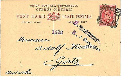 CYPRUS - POSTAL HISTORY - POSTAL STATIONERY 1913