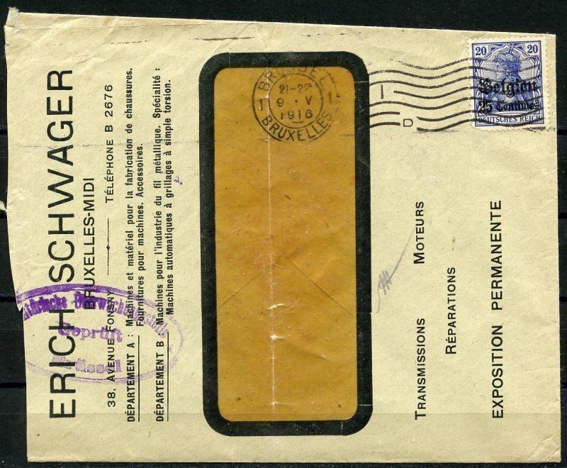 GERMANY WW I  1916 BRUSSELS OCCUPIED BELGIUM STAMP ON VERIFIED WINDOW ENVELOPE