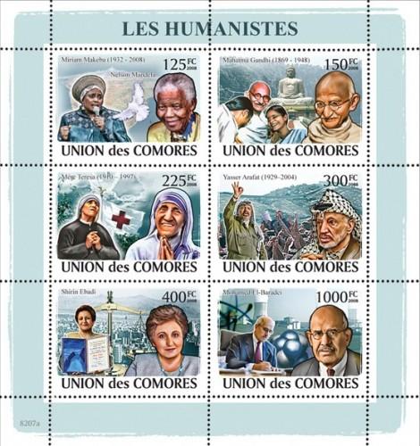 COMORES 2008 SHEET HUMANISTS MANDELA MOTHER TERESA GANDHI NOBEL PRIZE cm8207a