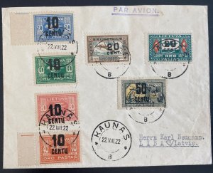 1922 Kaunas Lithuania Early Early Airmail Cover To Libau Latvia Sc#C21-C26