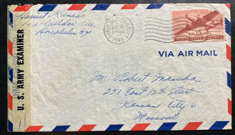 1945 Honolulu Hawaii Censored Airmail Cover To Kansas City Mo USA