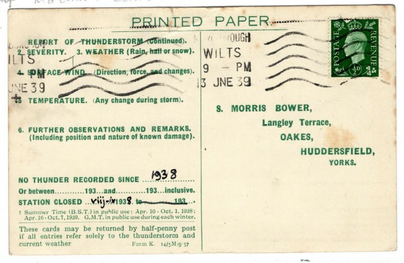 GB Wilts Card Weather Thunderstorm Report Marlborough Huddersfield 1939 MZ635