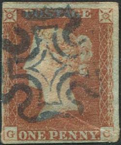 1841 Penny Red (GC) Plate 21 (creased) Blue Maltese Cross Four Margin Cat 650 p