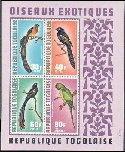 Togo C182a sheet, MNH. Michel Bl.66. Birds 1972. Whydah, Widow-birds, Parakeet.