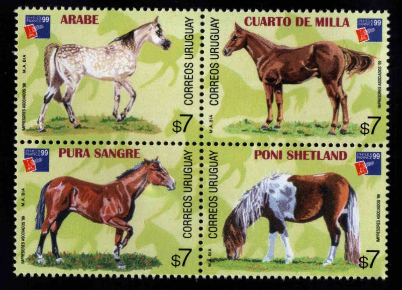 Uruguay Scott 1800 MNH**  Horse block of 4, Philex France 99 Logo