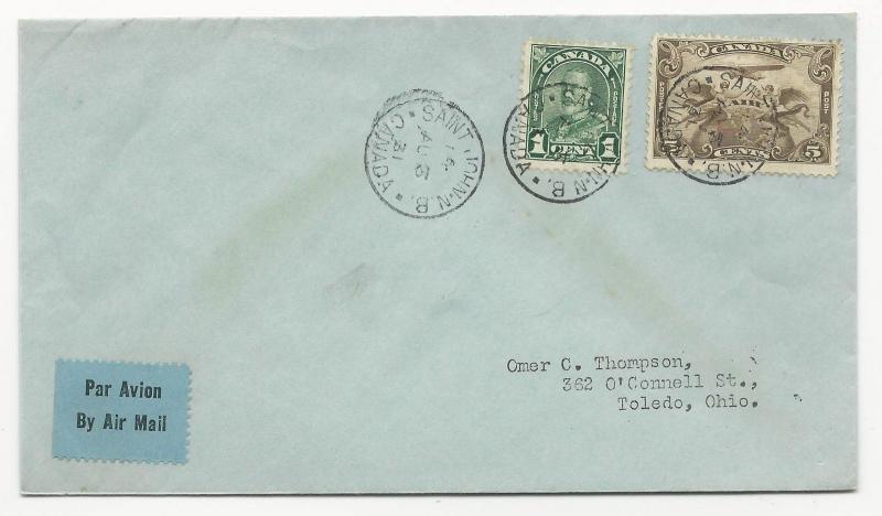 Canada Scott #C1 #163 on Cover August 3, 1932 Air Mail to Toledo, Ohio