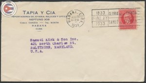 Cuba 1939 Tapia y Cia - Jewelry and Watch Importers Cover to Baltimore | CU20970