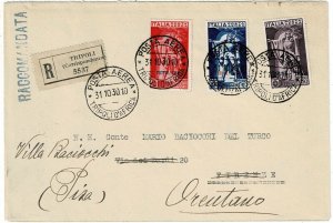 Tripolitania 1930 registered, airmail cover to Italy, Scott C1-C3