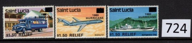 $1 World MNH Stamps (0724), St Lucia Travel, Air, Bus, Boat, set of 3, Surcharge