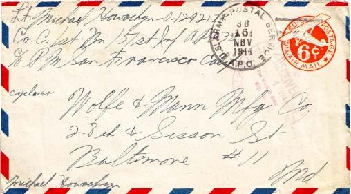 United States A.P.O.'s 6c Monoplane Air Envelope 1944 U.S. Army Postal Servic...