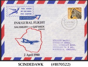 RHODESIA - 1980 AIR ZIMBABWE SALISBURY to GATWICK - FIRST FLIGHT COVER FFC