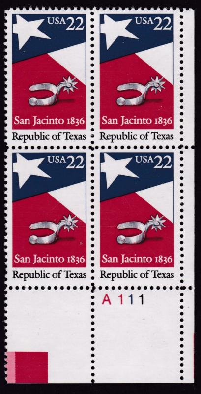 U.S. 1986 Republic of Texas Plate Number Block VF/NH