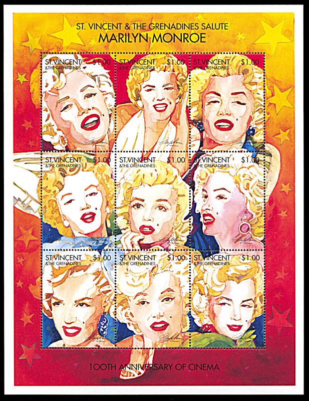 Saint Vincent 2210, MNH, Marilyn Monroe and Cinema Centennial miniature sheet