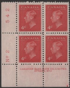 Canada SC#287 4¢ King George VI (Wilding) Plate Block: LL #2 (1949) MLH