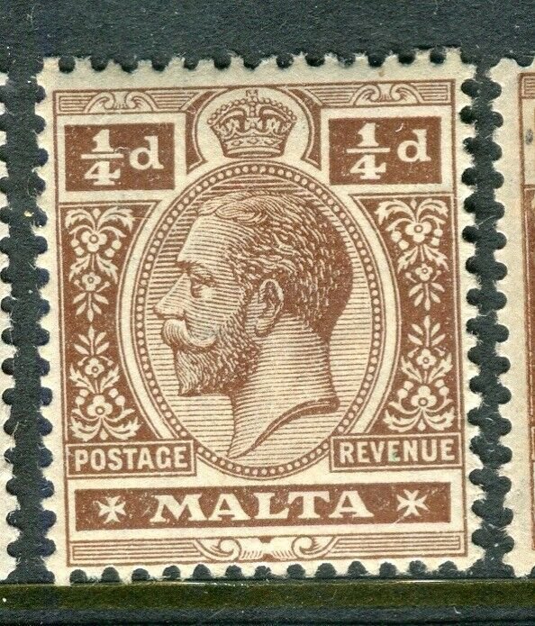 MALTA; 1914-21 early GV issue fine Mint hinged shade of 1/4d. value