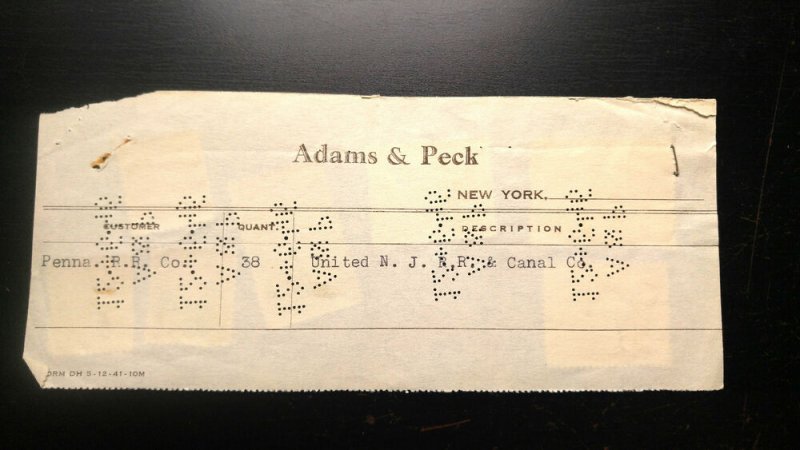 RARE USA NEW YORK 1946 “STOCK TRANSFER” PERFIN STAMPS ON RECEIPT UNIQUE & INTERE