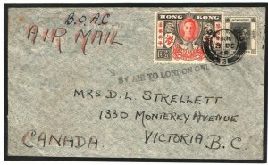 HONG KONG BOAC Air Mail Cover 1946 VICTORY $1 *By Air To London Only*Canada Y159