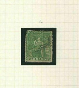 BARBADOS SG 16 YELLOW- GREEN  1860   USED CAT £650+