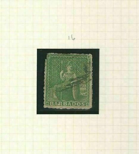 BARBADOS SG 16 YELLOW- GREEN  1860   USED CAT £650+