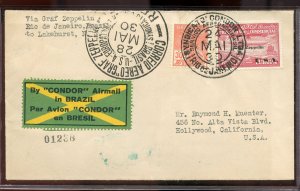 PARAGUAY MAY 24, 1930 CONDOR AIRMAIL ZEPPELIN FLIGHT COVER TO CALIFORNIA