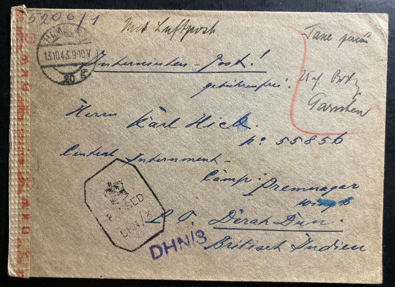 1943 Hamburg Germany Censored Cover to Dehra Dun India Internment Camp POW