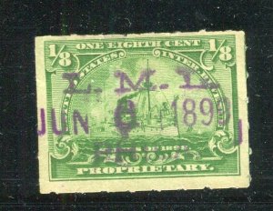 USA; 1890s early classic Battleship Revenue issue used 1/8c. value