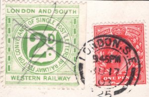 GB RAILWAY L&SWR Letter Stamp 2d London 1903 CDS 1d Piece LIME168