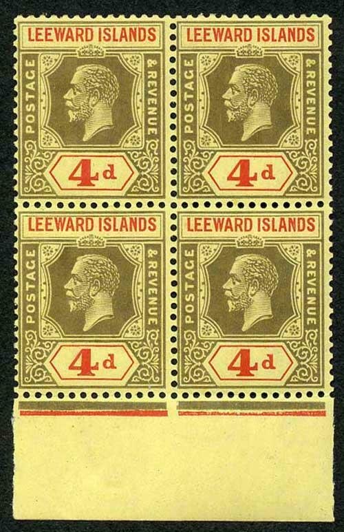 Leeward Is SG70 4d Black and Red/pale yellow wmk Mult Script U/M Block of 4