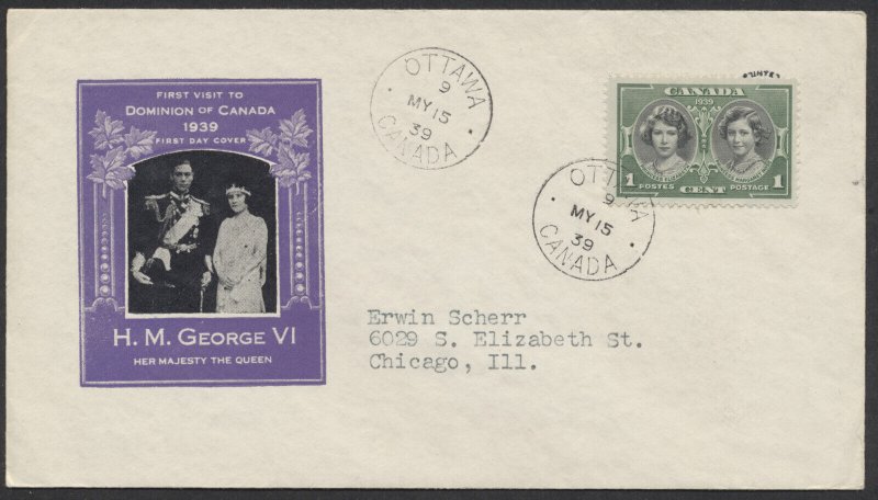 1939 #246 1c Royal Visit FDC Purple Ioor Cachet Ottawa CDS