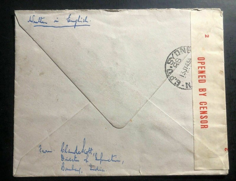 1943 Bombay India Censored Commercial Cover To Sydney Australia