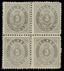 ICELAND #5 (5), 3sk gray, og, NH, Block of 4, Very Rare Multiple, top quality,