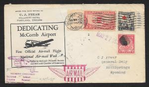 UNITED STATES First Flight Cover 1938 McComb to Rock Springs