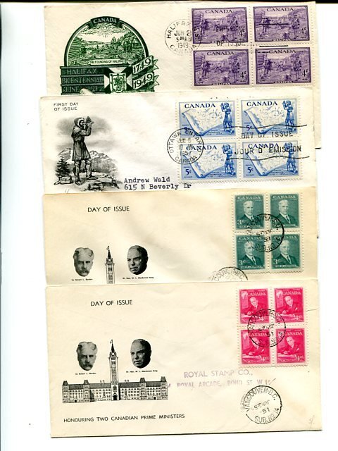 Canada  4 early First Day covers with blocks   - Lakeshore Philatelics