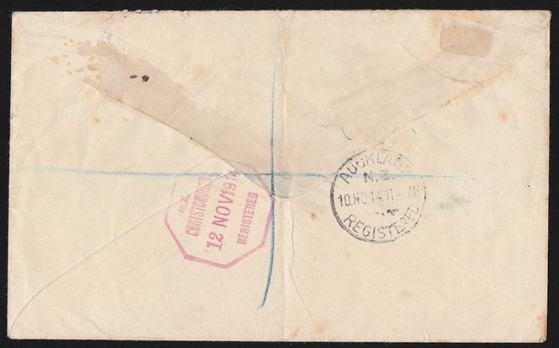 SAMOA 1914 Registered cover to New Zealand. GRI Yacht 6d. RARE! 