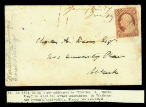 US 1851 Washington 3c cover from WASHINGTON IRVING addressed to Charles A. Davis