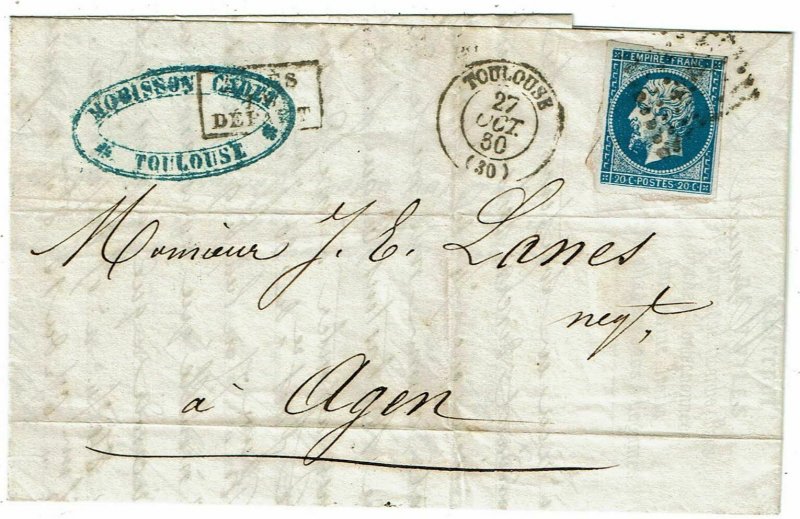 France 1860 Toulouse cancel on cover to Agen, boxed Too Late h/s