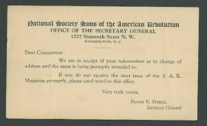 1931 Wash DC Nat Soc Sons Of The American Revolution For Change Of Address