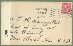 Great Britain # 160 George V - Censored WW-1 Cover to USA  1916 (1) VF