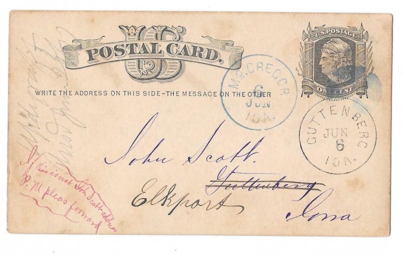 1877 IA McGregor Forward to Guttenburg Iowa Dual Cancels on UX5 Postal Card