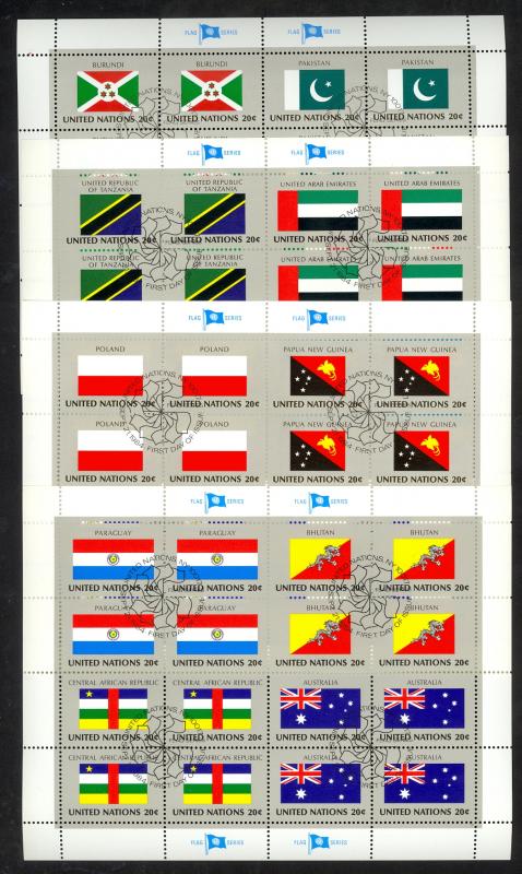 UNITED NATIONS FLAGS 1984 COMPLETE SHEETS w FDOI POSTMARKS NH Sc 425-440