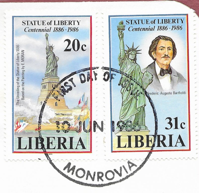 Statue of Liberty Liberia #1046-47. 1986  FDC with write up.