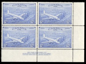 Canada #CE4 Cat$37.50, 1946 17c bright ultramarine, plate block of four, neve...