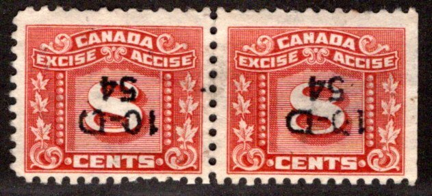 FX70, van Dam 8c red, used, horiz pair, Three Leaf Excise Tax, Canada Excise