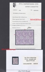 Sg 172a 1d Bluish Lilac 14 Dot with copy PTS cert - UNMOUNTED MINT