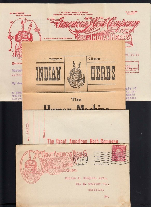 Washington, DC 1916 GREAT AMERICAN (INDIAN) HERB Co. w/Circulars