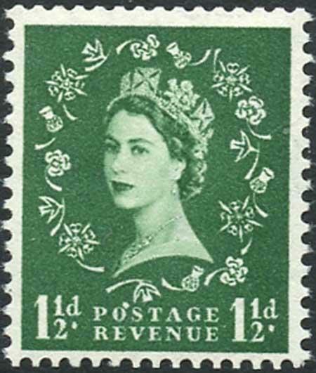 M25m 1 1/2d Green Wmk Tudor (sideways) Variety Flaw over O of Postage U/M